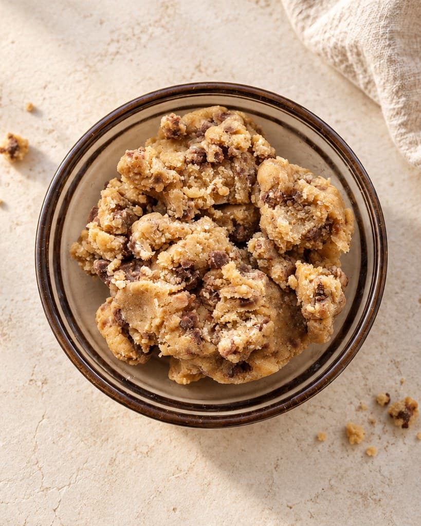 Cookie dough med sjokoladebiter i en glassbolle, sett ovenfra